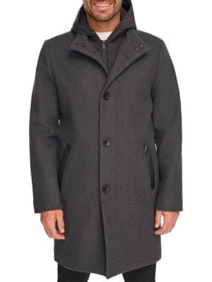 Kenneth Cole
 Melton Walker Mixed Media Hooded Bib Overcoat