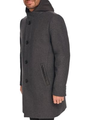 Kenneth Cole
 Melton Walker Mixed Media Hooded Bib Overcoat