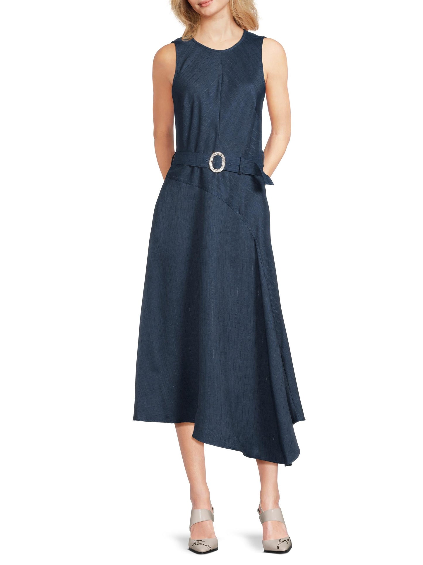 Karl Lagerfeld Paris Metallic Pinstripe Sleeveless Belted Midi-Dress