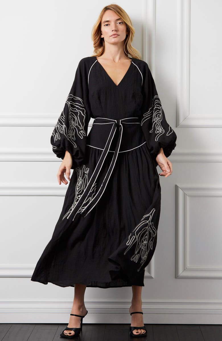 CIEBON Faye Embroidered Tie Waist Long Sleeve Maxi Dress