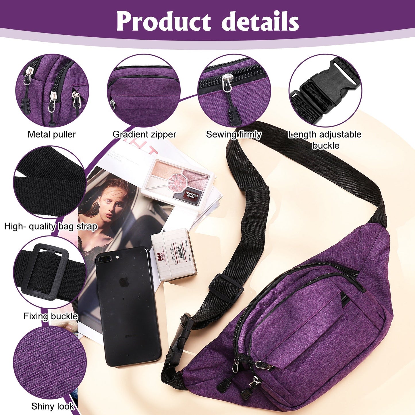 Walmart AOWOO 2 Pack Fanny Packs for Men and Women, Waist Bag with 3-Zipper Pockets, Water Resistant Sports Waist Pack Bag Bum Bag for Outdoors Sports Travel Hiking Running