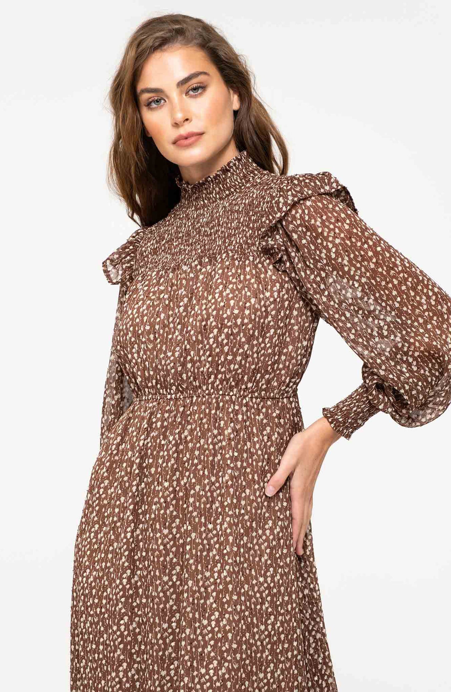 AUGUST SKY Ditsy Long Sleeve A-Line Midi Dress, Alternate, color, BROWN MULTI