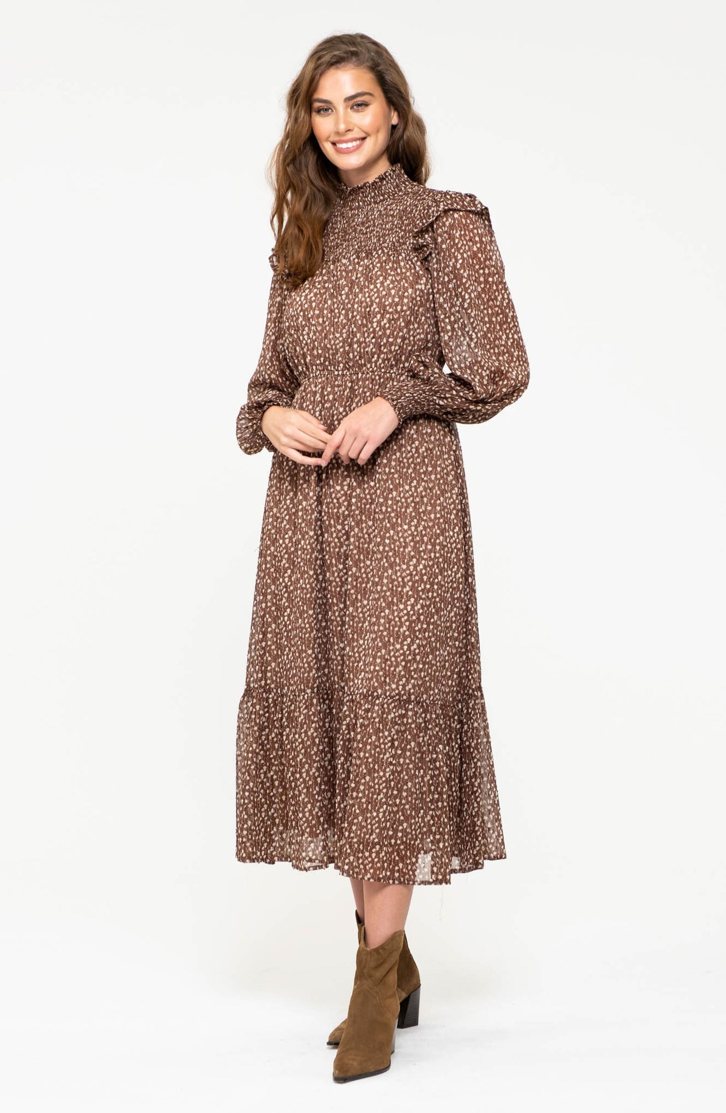 AUGUST SKY Ditsy Long Sleeve A-Line Midi Dress, Alternate, color, BROWN MULTI