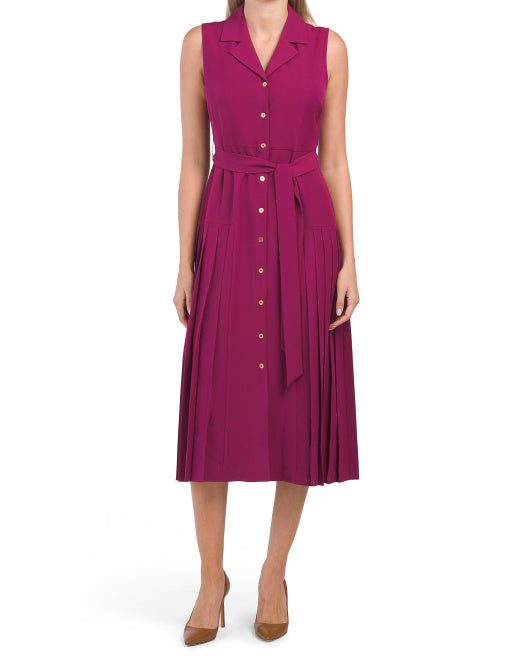 Sleeveless Remy Pleated Midi Dress With Tie Waist