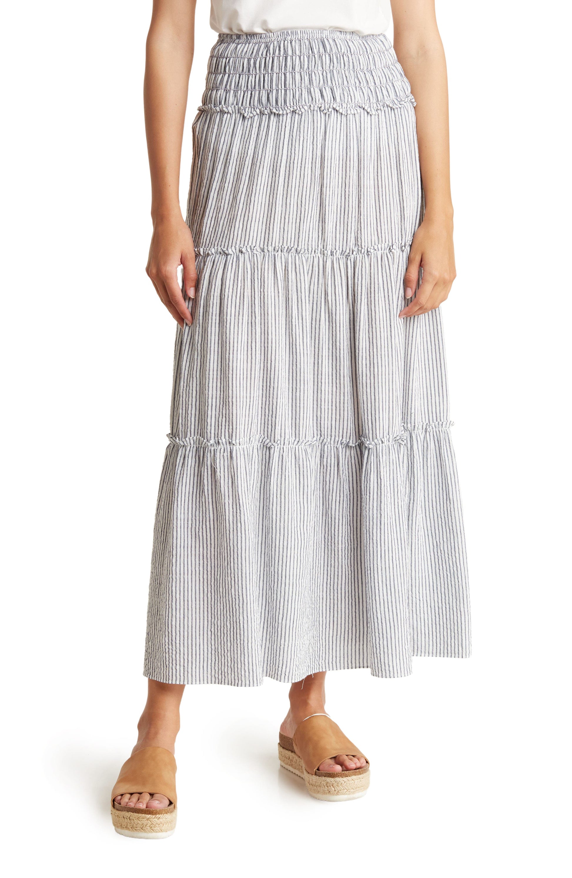 MAX STUDIO Tiered Maxi Skirt, Main, color, TICKING STRIPE