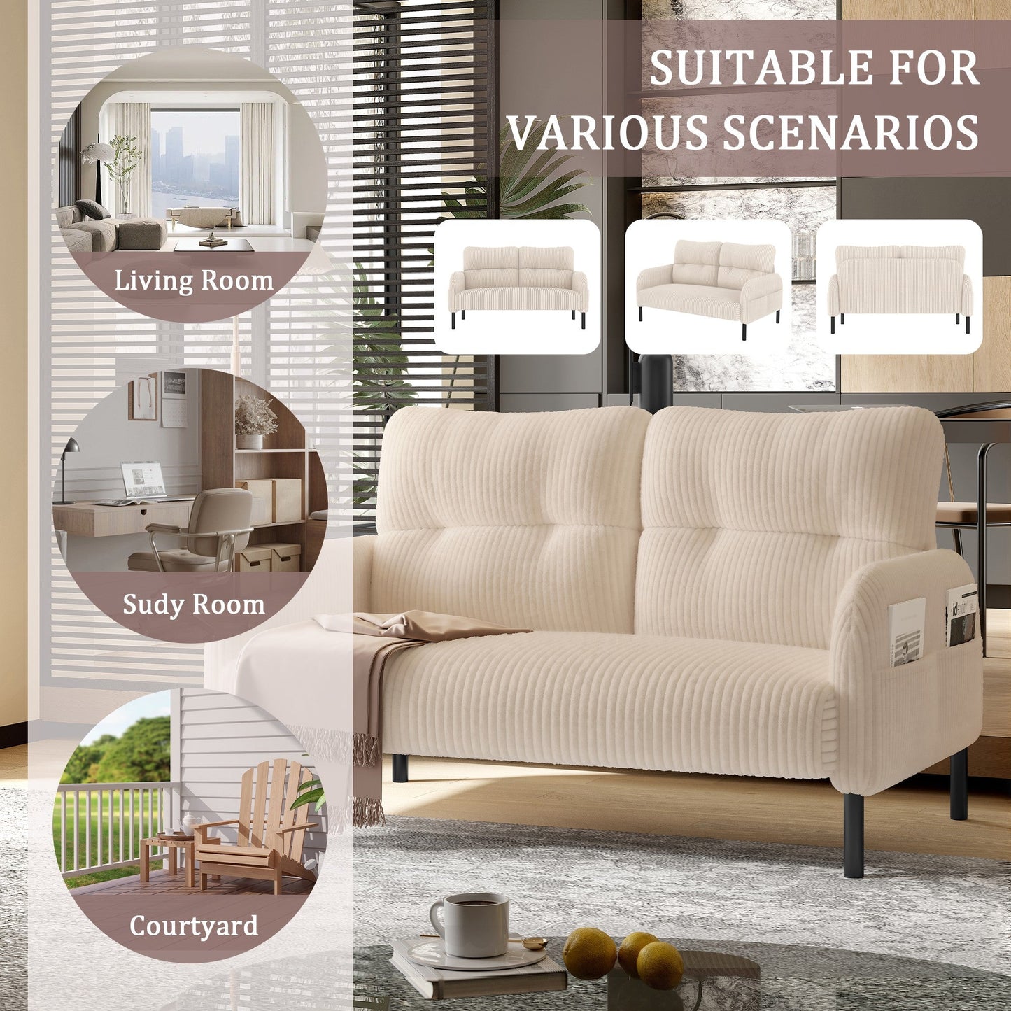 Walmart 47" Small Loveseat Sofa Couch for Small Spaces,Corduroy Upholstered 2-Seater Love Seats for Apartment, Bedroom,Office,Beige