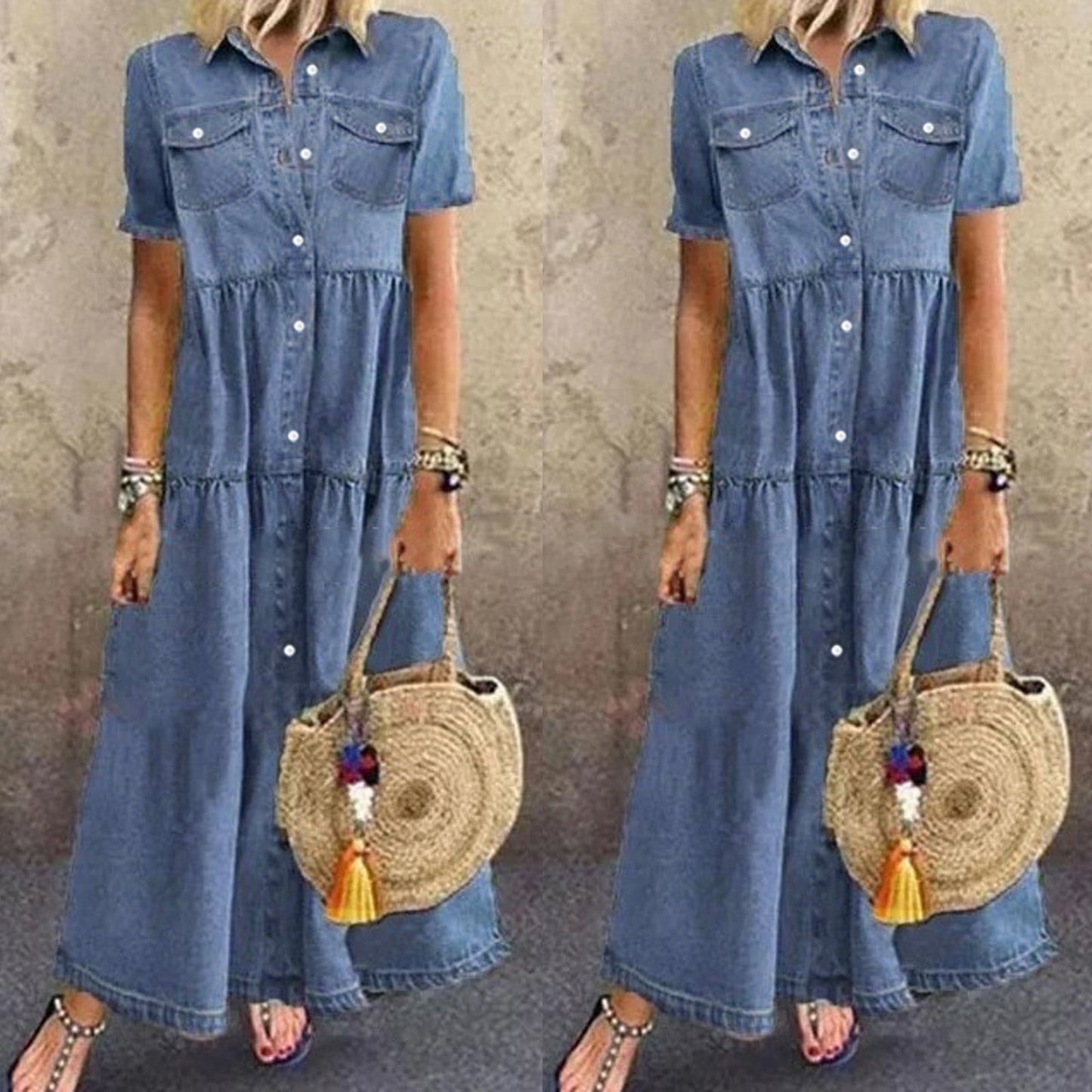 New Year's Deals!Tuscom Women's Dresses Summer Casual Multi-Button Denim Maxi Dress Lapel Short Sleeve Loose Long Jeans Dress with Pockets - image 2 of 4