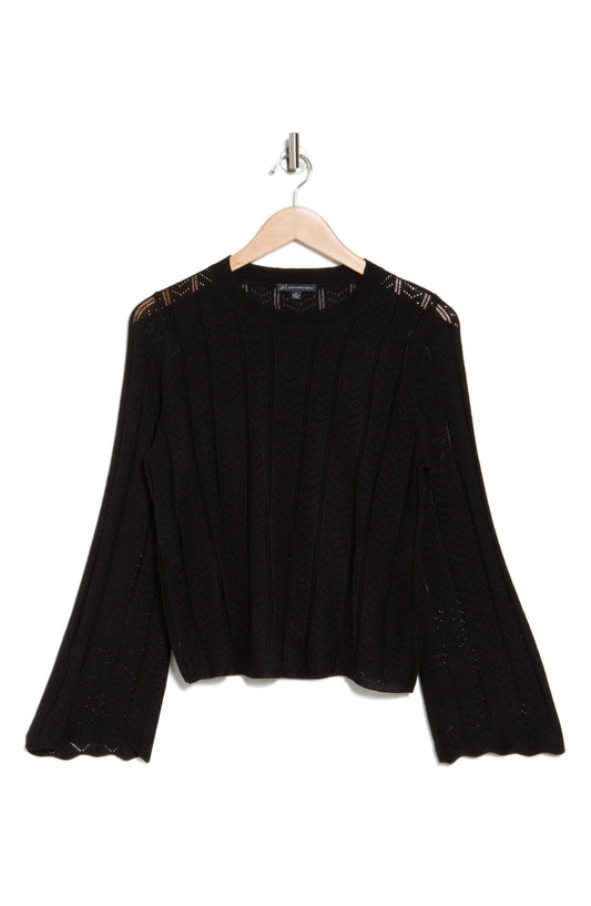 Adrianna Papell Pointelle Bell Sleeve Knit Top, Alternate, color, Black