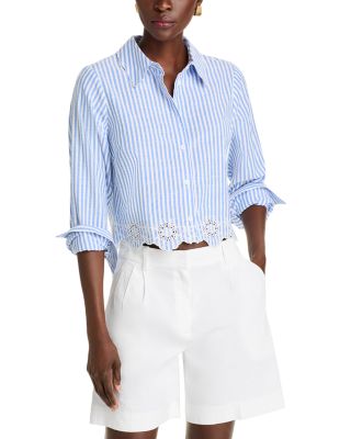 AQUA Eyelet Stripe Poplin Button Down Shirt - Exclusive