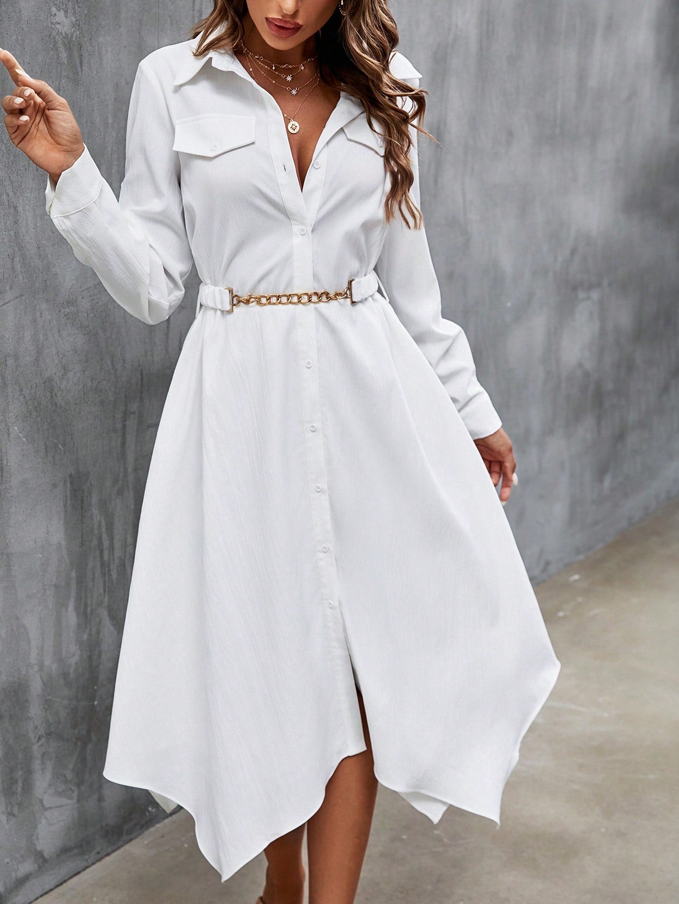 SHEIN Frenchy Flap Detail Asymmetrical Hem Belted Shirt Dress