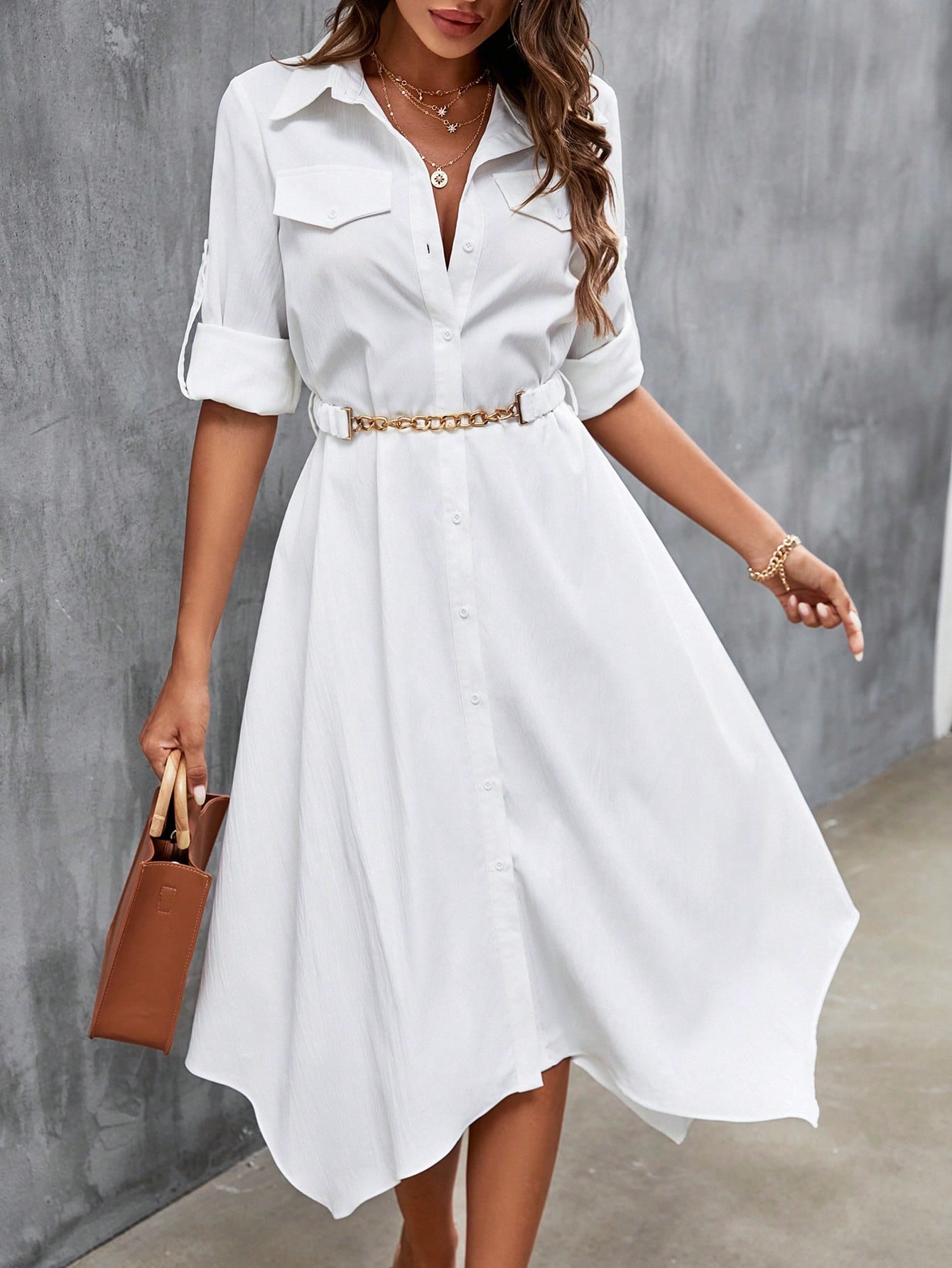 SHEIN Frenchy Flap Detail Asymmetrical Hem Belted Shirt Dress