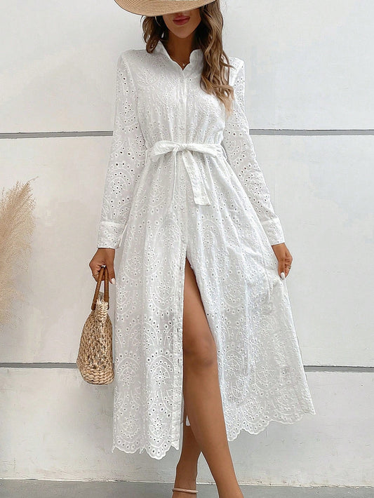 SHEIN LUNE Eyelet Embroidery Belted Shirt Dress