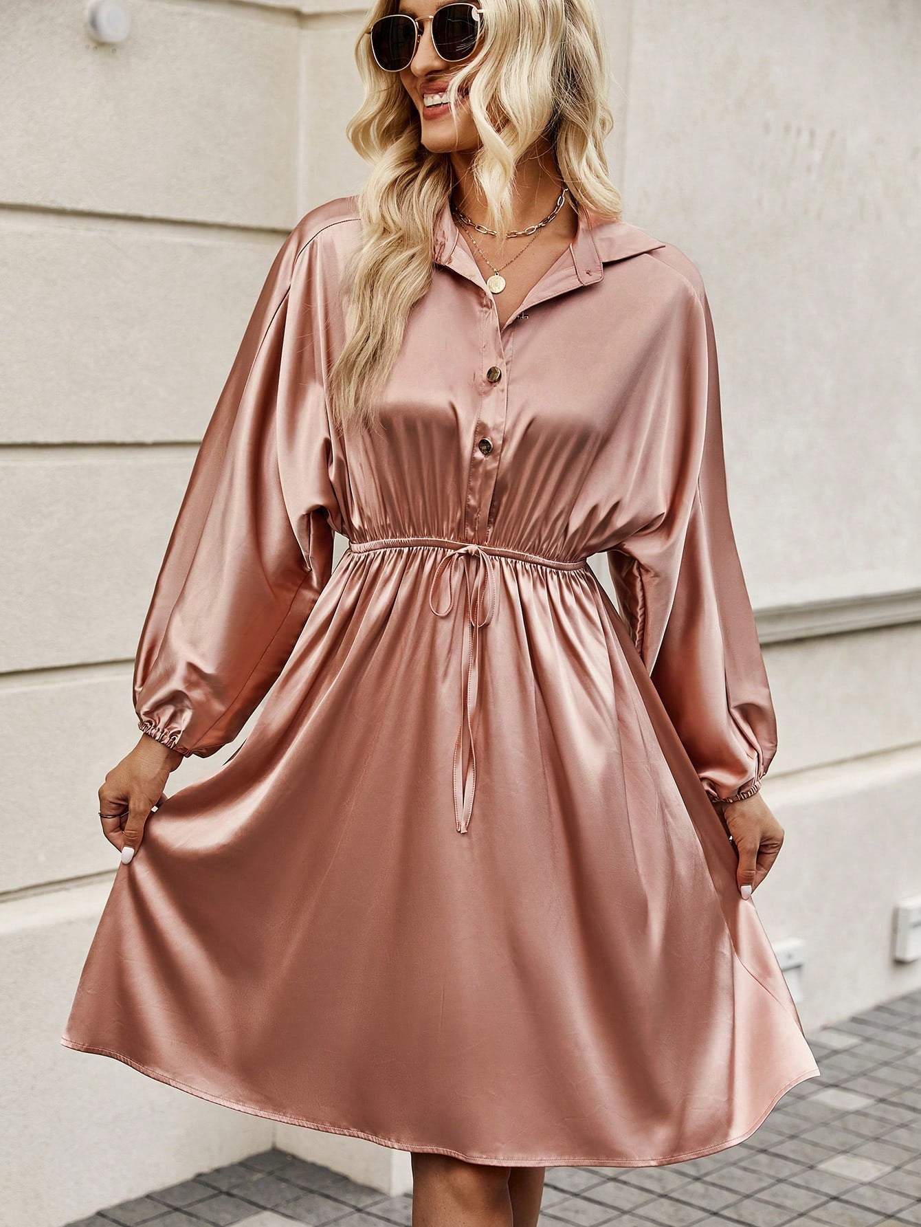 SHEIN Privé Batwing Sleeve Knot Front Shirt Dress