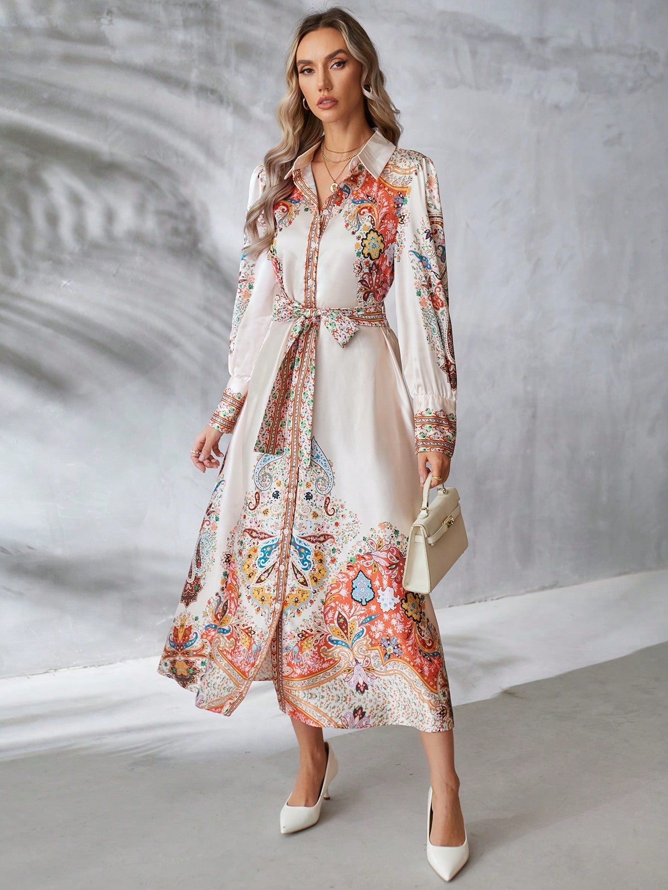 SHEIN Clasi Paisley Printed Long Sleeve Dress With Waist Belt