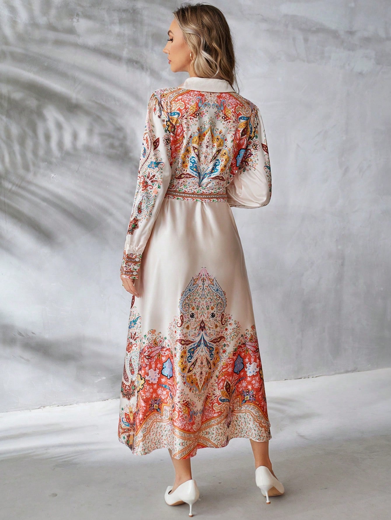 SHEIN Clasi Paisley Printed Long Sleeve Dress With Waist Belt