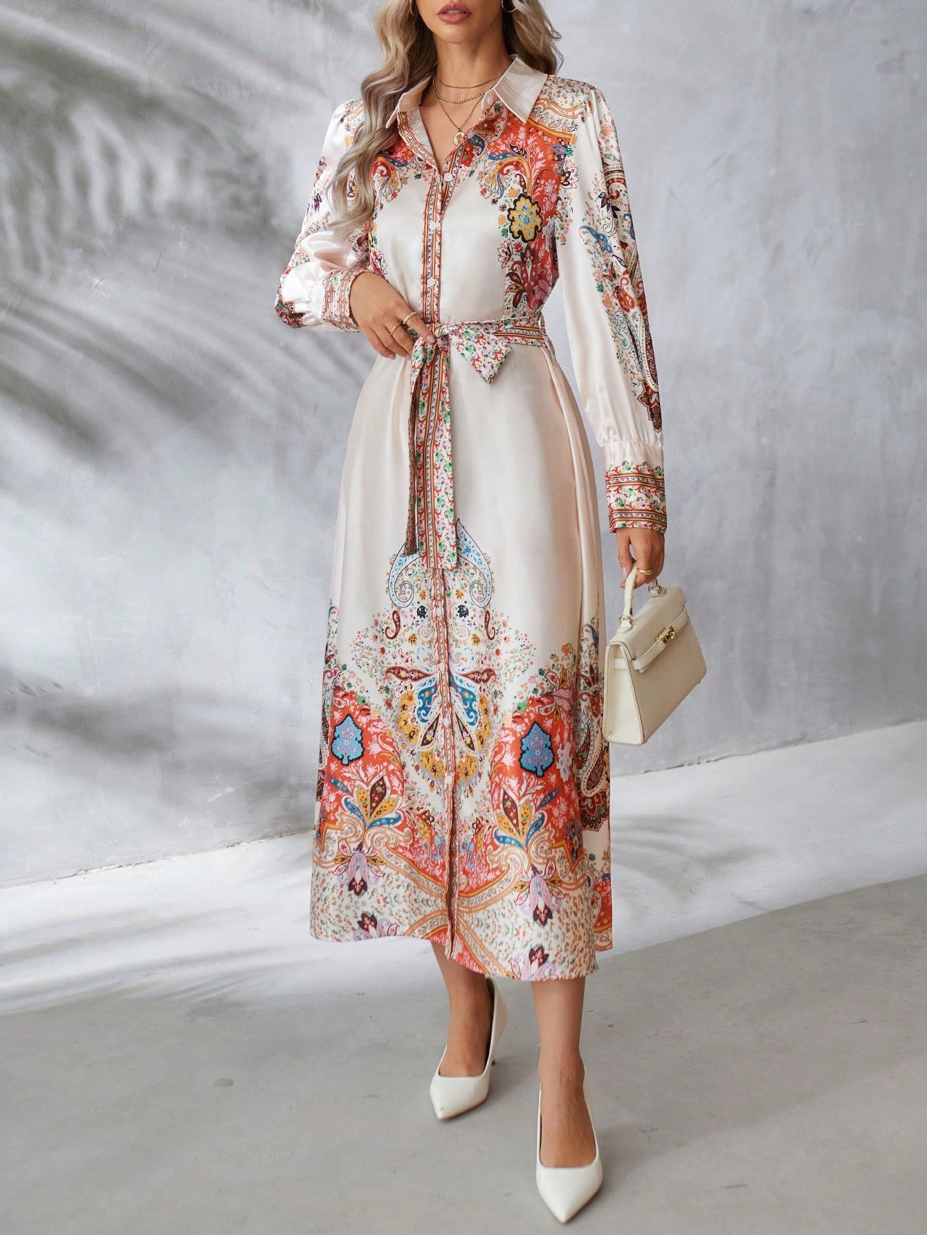 SHEIN Clasi Paisley Printed Long Sleeve Dress With Waist Belt