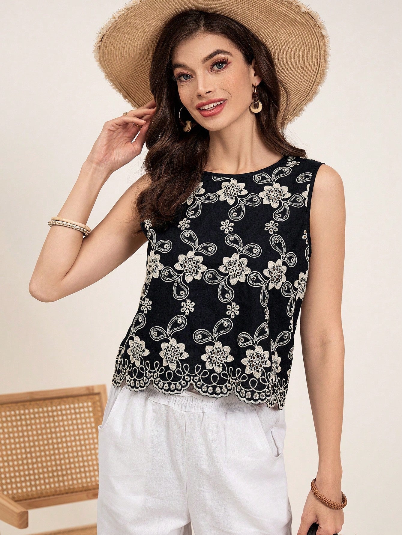 SHEIN VCAY Random Embroidered Sleeveless Blouse