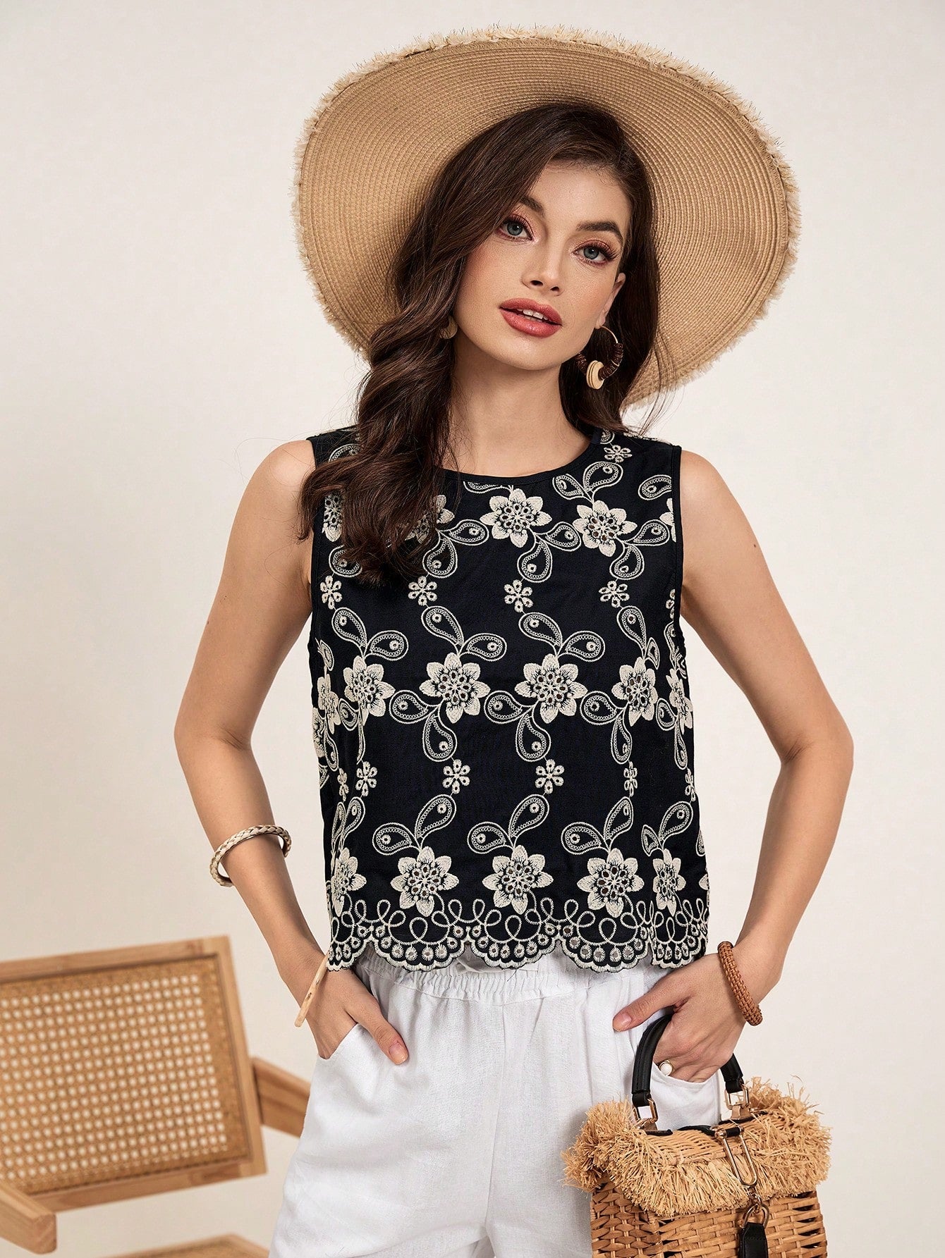 SHEIN VCAY Random Embroidered Sleeveless Blouse