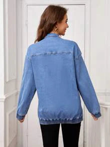 LocalSHEIN Maternity Loose Dolman Sleeve Zip Up Denim Jacket For Spring Autumn
