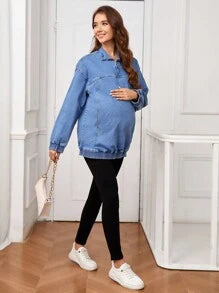 LocalSHEIN Maternity Loose Dolman Sleeve Zip Up Denim Jacket For Spring Autumn