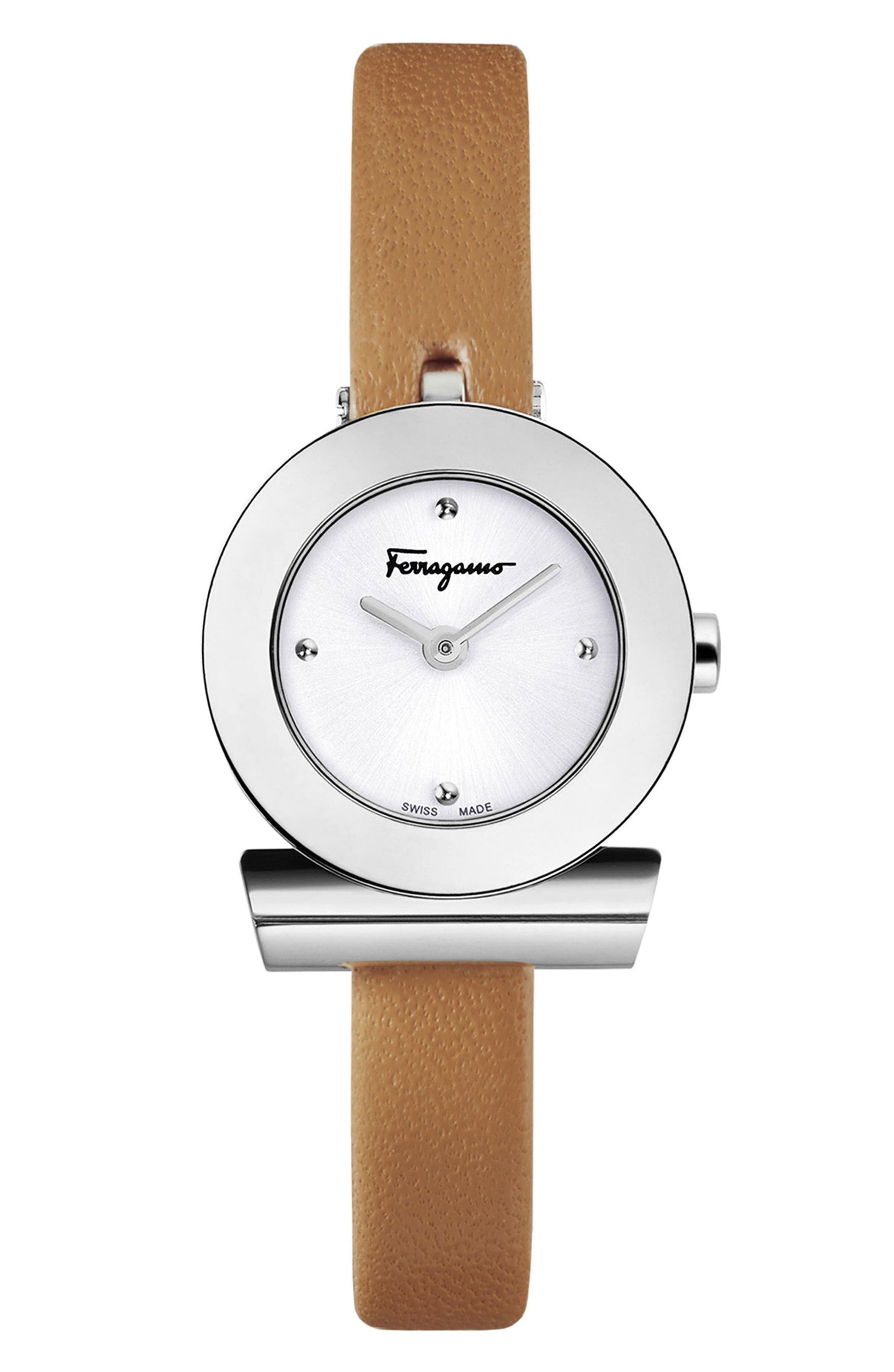 FERRAGAMO Salvatore Ferragamo Gancino Leather Bracelet Watch, 22mm, Main, color, BROWN/ SILVER