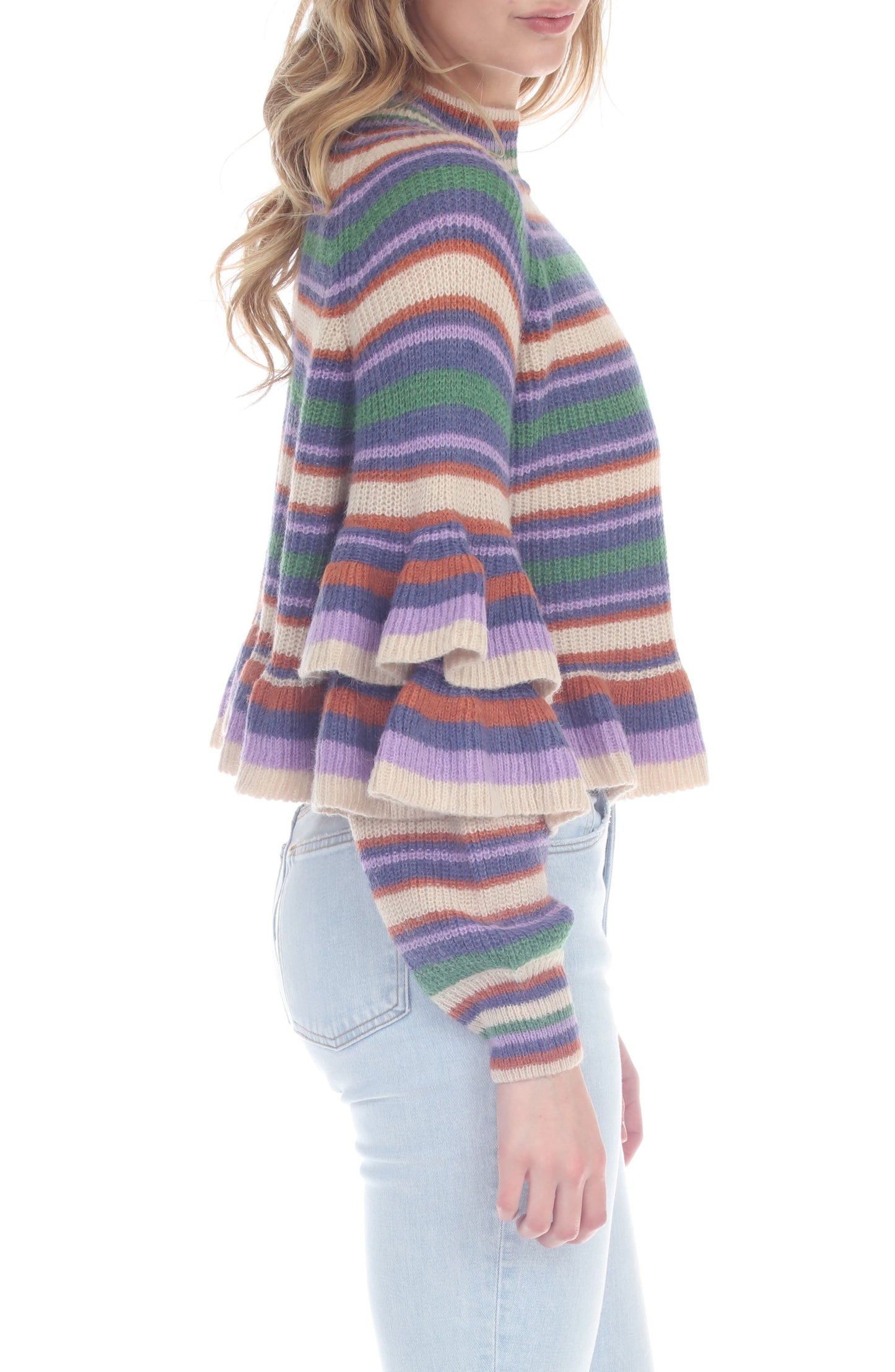 RAIN AND ROSE Stripe Ruffle Sleeve Peplum Sweater, Alternate, color, Petunia