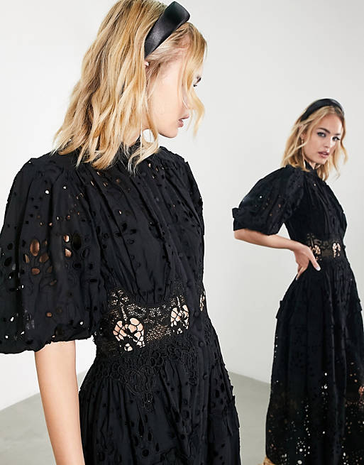 ASOS EDITION waisted broderie midi shirt dress with puff sleeve in black