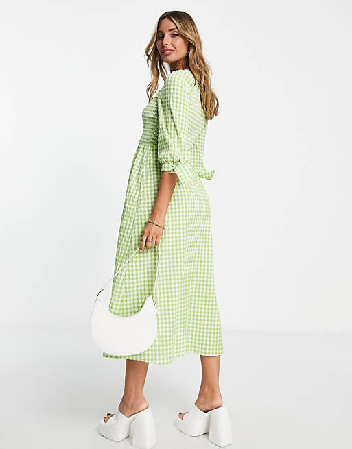 Whistles long sleeve maxi tea dress in neon green gingham