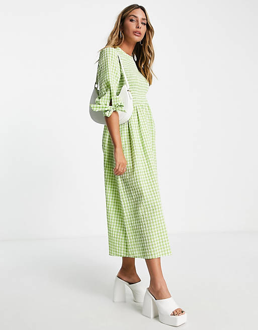 Whistles long sleeve maxi tea dress in neon green gingham