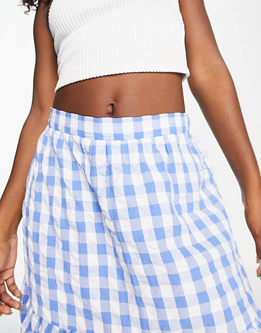 Monki seersucker ruffle midi skirt in blue and white gingham