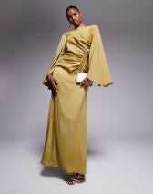 ASOS DESIGN twist front bias satin maxi dress with gold hardware in olive green