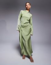 ASOS DESIGN twist front bias satin maxi dress with gold hardware in olive green