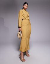 ASOS DESIGN twist front bias satin maxi dress with gold hardware in olive green