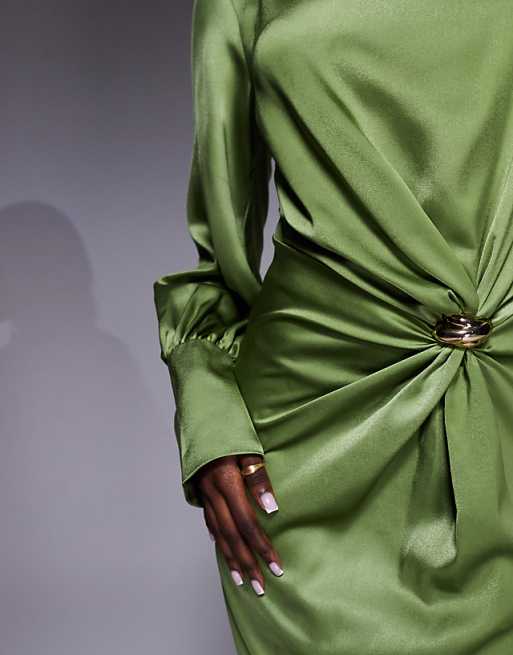 ASOS DESIGN twist front bias satin maxi dress with gold hardware in olive green