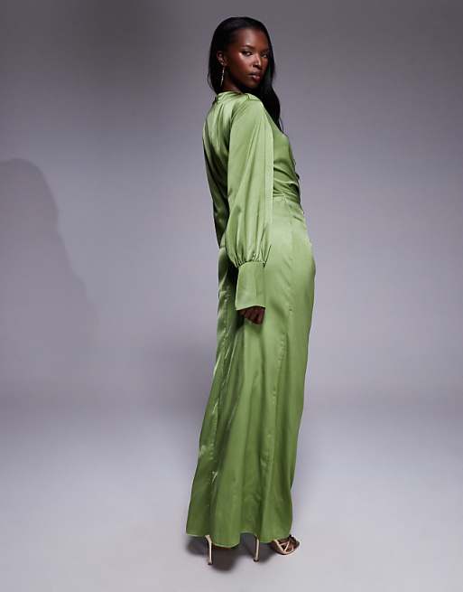 ASOS DESIGN twist front bias satin maxi dress with gold hardware in olive green