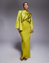 ASOS DESIGN twist front bias satin maxi dress with gold hardware in olive green