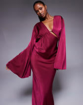 ASOS DESIGN twist front bias satin maxi dress with gold hardware in olive green