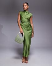 ASOS DESIGN twist front bias satin maxi dress with gold hardware in olive green
