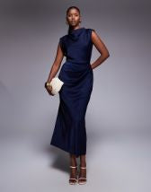 ASOS DESIGN twist front bias satin maxi dress with gold hardware in olive green