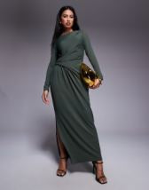 ASOS DESIGN twist front bias satin maxi dress with gold hardware in olive green