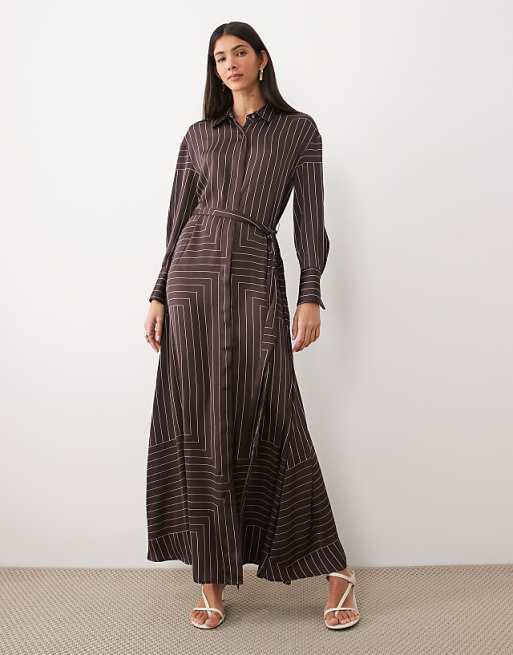Mango shirt detailing maxi dress in brown stripes