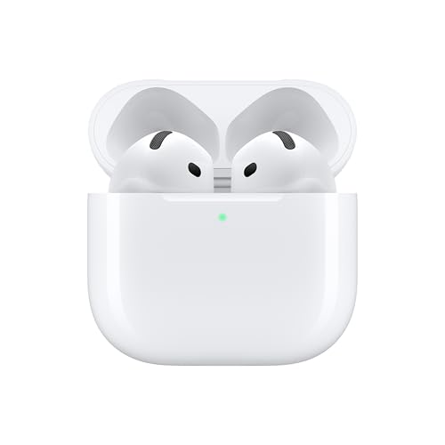 Amazon Apple AirPods 4 Wireless Earbuds, Bluetooth Headphones, Personalized Spatial Audio, Sweat and Water Resistant, USB-C Charging Case, H2 Chip, Up to 30 Hours of Battery Life, Effortless Setup for iPhone