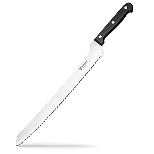 HUMBEE, 12 inch Offset Bread Knife Serrated Knife Wave Edge Blade,Black