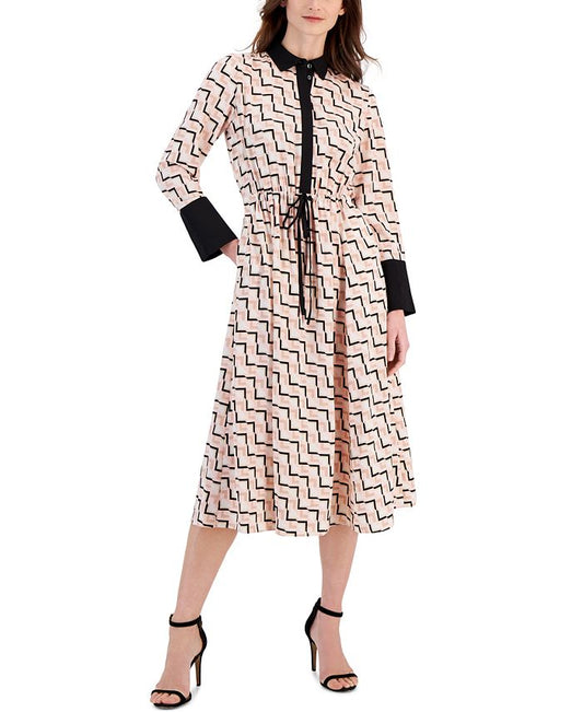 Anne Klein - Women's Printed Drawstring Long-Sleeve Dress