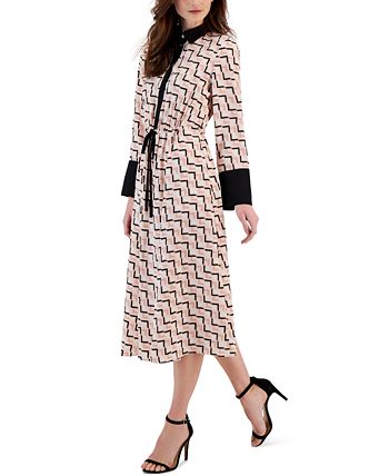 Anne Klein - Women's Printed Drawstring Long-Sleeve Dress