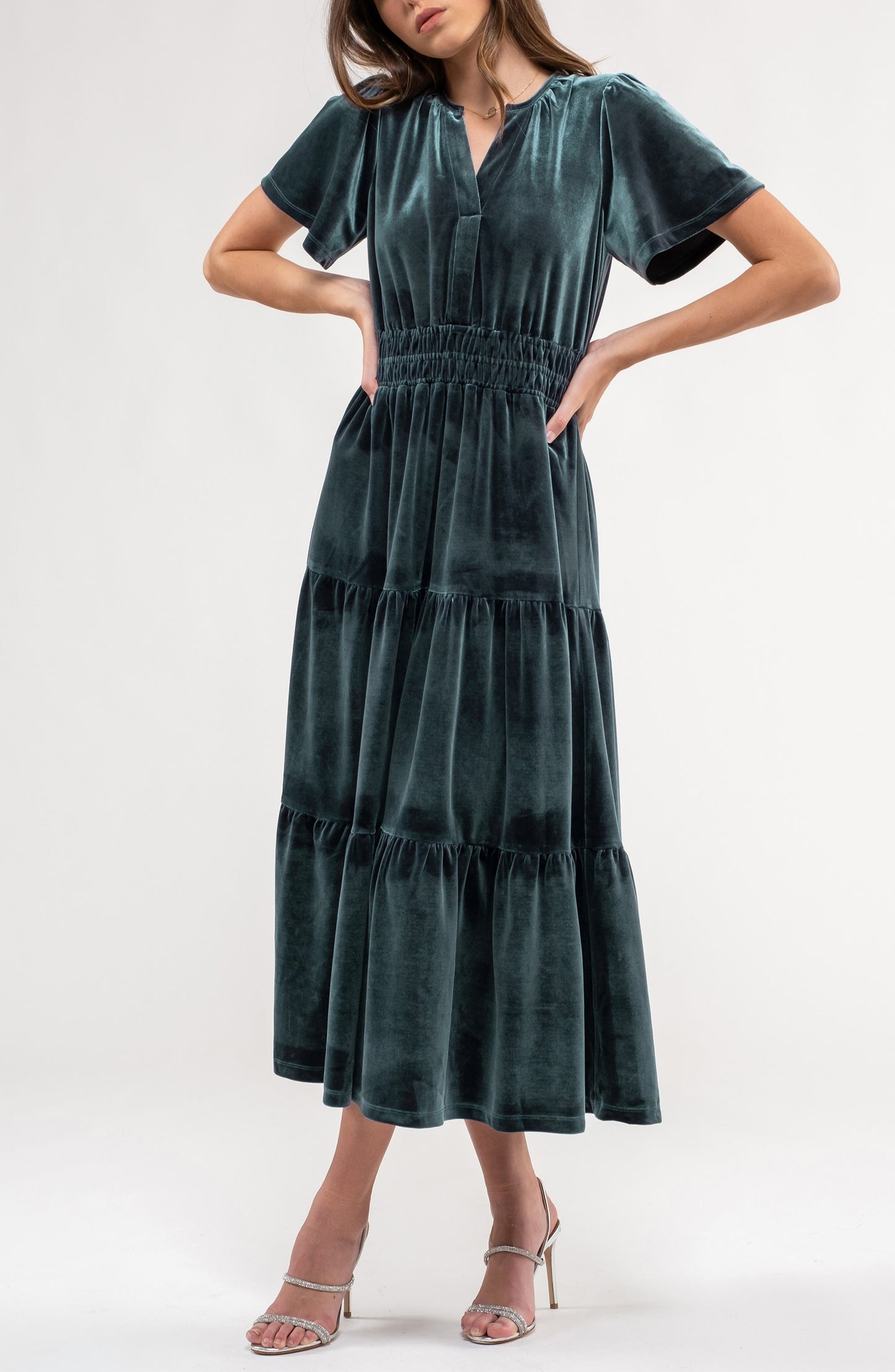 AUGUST SKY Velvet Tiered Maxi Dress, Alternate, color, DUSTY BLUE