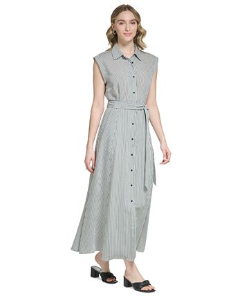 Calvin Klein - Cap Sleeve Striped Tie Waist Shirt Dress