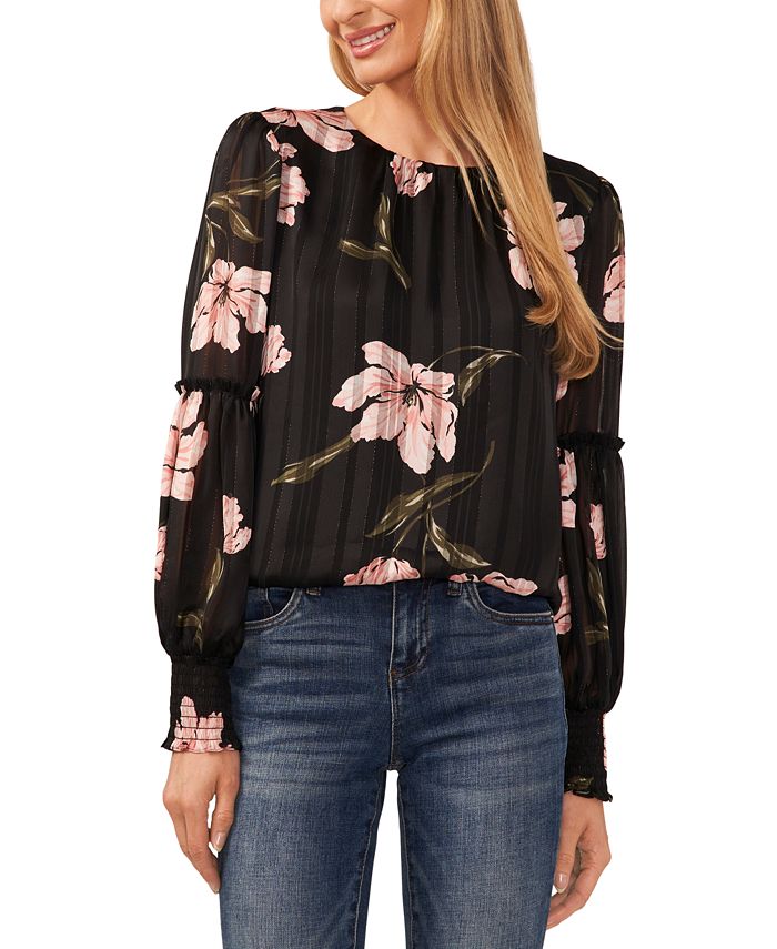 CeCe - Women's Metallic Floral-Print Ruffled Blouson-Sleeve Top