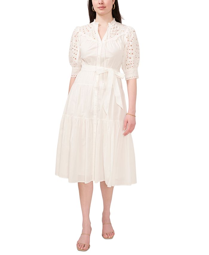 CeCe - Women's Cotton Eyelet Puff-Sleeve Midi Dress