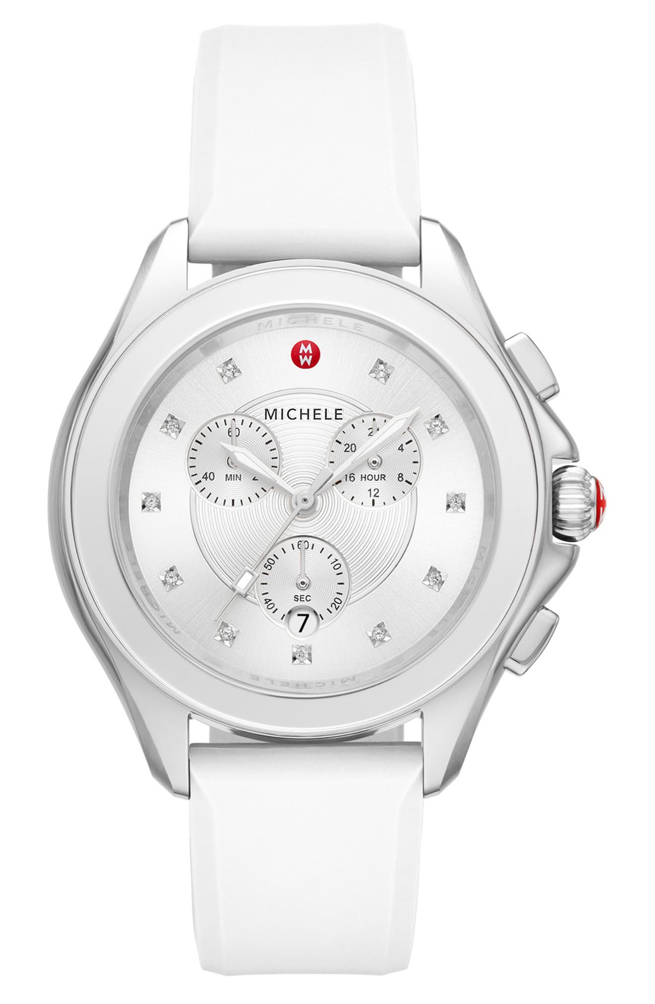 MICHELE Women's Cape Chronograph White Silicone Watch, 38mm, Main, color, WHITE